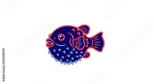 Foto Cute Pufferfish Cartoon Illustration, Navy Blue and Red Outline