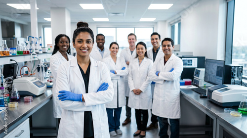 Female biotechnology scientist with laboratory research team, microbiologists, lab technicians, scientific researchers pharmaceutical innovation medical science biotech industry modern laboratory 