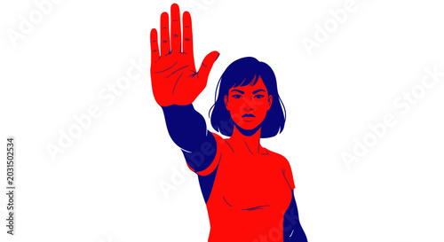 Foto Woman's Hand Signalling Stop, Protest, No, Warning, Authority, Red Blue Illustra