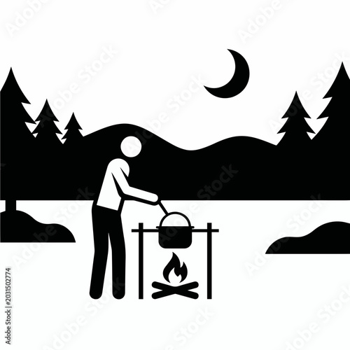Night Campfire Cooking by the Lake - AI Generated