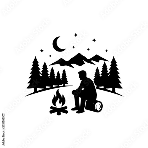 Campfire Night in Pine Forest Landscape - AI Generated