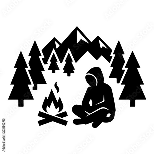 Hooded Camper Sitting by Campfire in Mountain Forest - AI Generated