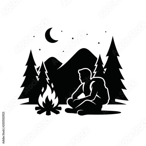 Night Camping Scene with Campfire and Mountains - AI Generated