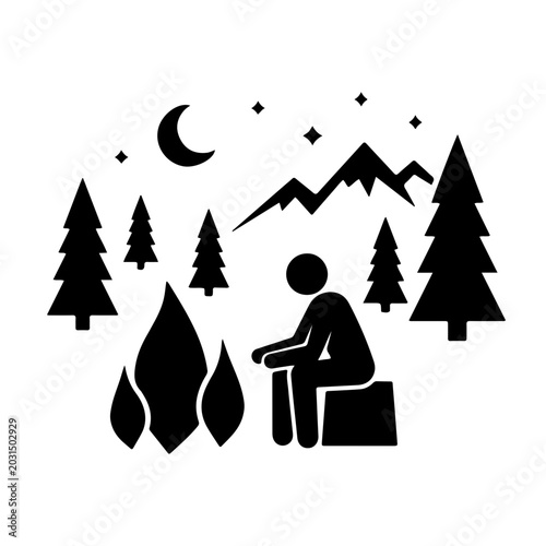 Camper Sitting by Campfire Under Mountain Night Sky - AI Generated
