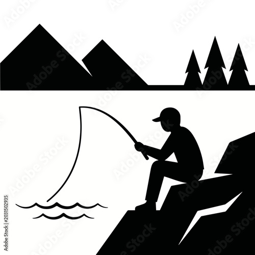 Mountain Fishing Adventure Silhouette - AI Generated