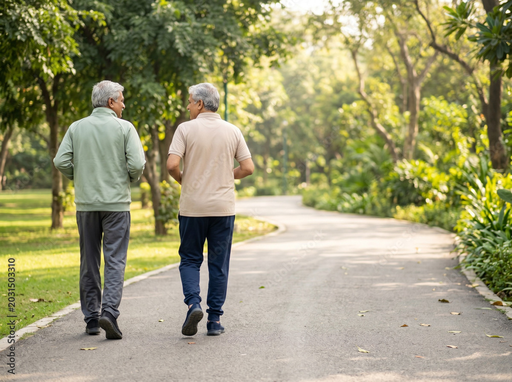 Obraz premium two senior men jogging in green park for retirement planning healthcare wellness fitness and healthy lifestyle marketing