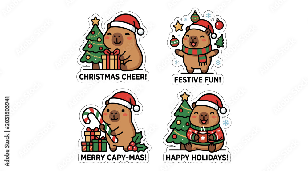Fototapeta premium Holiday stickers feature capybaras in Santa hats with festive decorations and Christmas trees