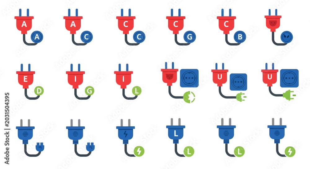Fototapeta premium Electrical Plugs and Sockets Set: Different Types and Countries