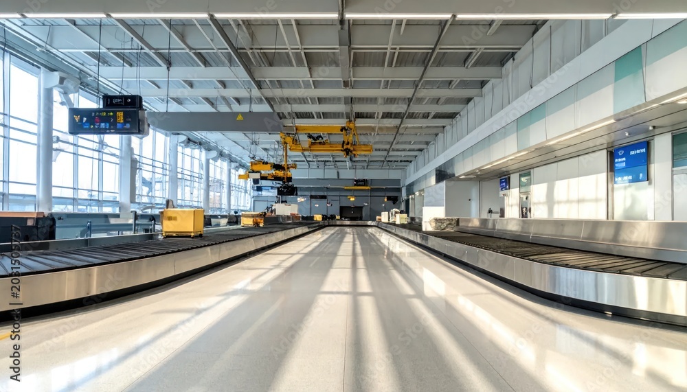 Obraz premium Modern airport baggage claim area with conveyor belts, sunlight, and open space