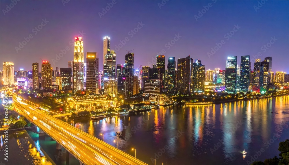 Fototapeta premium Illuminated Singapore city skyline at night with river reflections