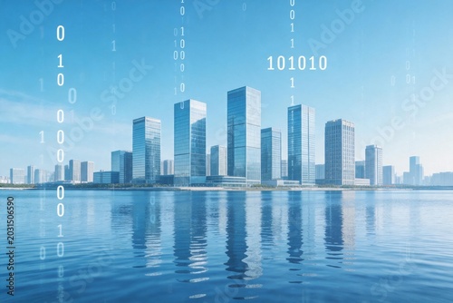 Modern city skyline with binary code