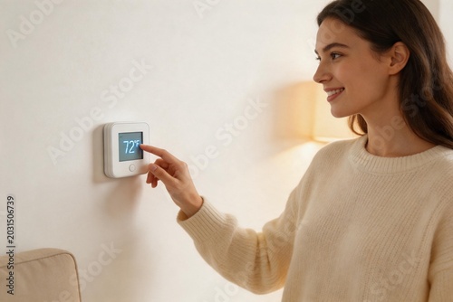 Woman adjusting thermostat on wall