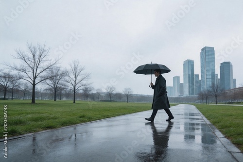 Person walking with umbrella in rainy park
