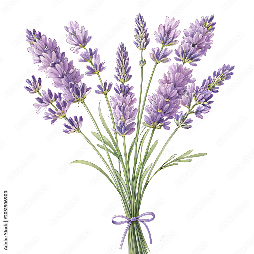Obraz premium Bouquet of lavender flowers tied with ribbon isolated on white background