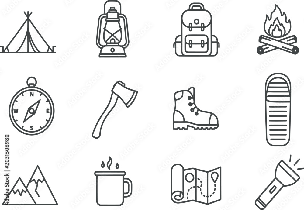Fototapeta premium Camping line icons set, outdoor adventure hiking gear collection, 12 minimalist travel and wilderness survival vector elements for web design