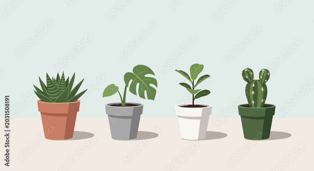Fototapeta premium Four Potted Houseplants on a Light Blue Background