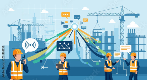 Bild auf Leinwand Construction Site Communication Network, Smart Building Technology, Workers with