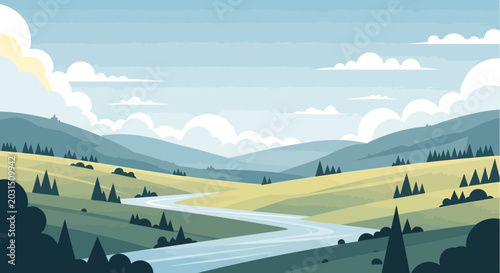 Tableau sur toile Serene Valley Landscape with Winding River, Mountains, and Clouds