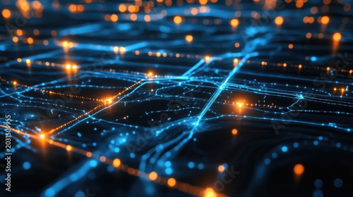 Glowing network map with ai powered cybercrime detection futuristic digital landscape with blue and orange lights cybersecurity concept