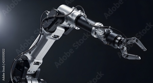 Industrial robot arm with carbon fiber accents and metallic finish
