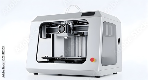 Modern white 3d printer with clear window and red emergency stop button
