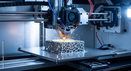 3D metal printing process with sparks flying from laser