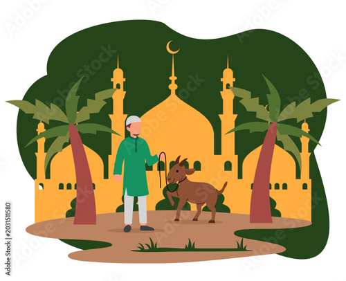 Muslim man and sacrificial goat with mosque in background. Hajj celebration