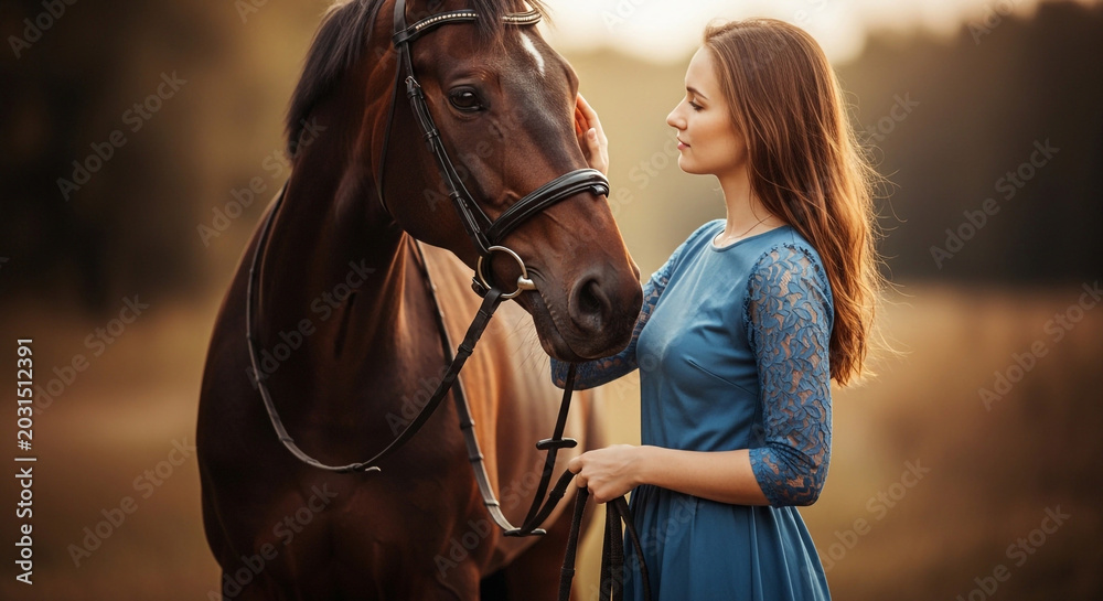Obraz premium Young woman in blue dress standing next to brown horse with bridle in outdoor setting