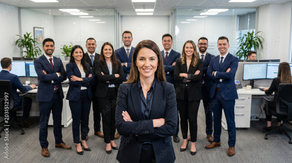 Obraz premium Female insurance advisor with insurance office team, claim specialists, customer support staff, financial services, risk management, policy consultants, corporate workplace, insurance industry