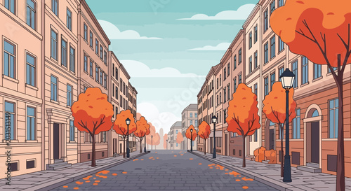 Fotografie Autumn Street Scene: Buildings, Trees with Orange Leaves, Cobblestone Road, Lamp