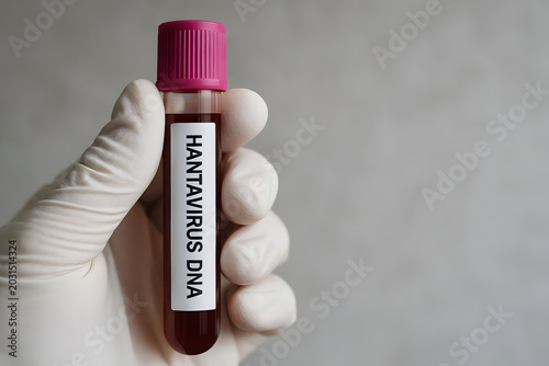 A gloved hand holds a vial labeled 