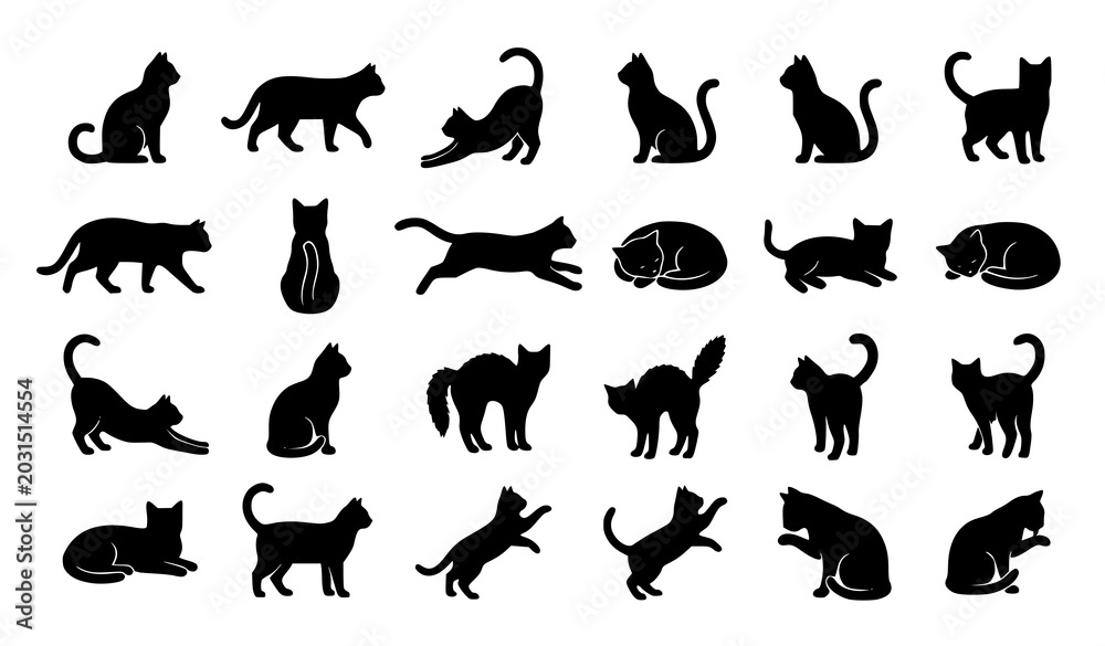 Fototapeta premium Minimal Black Cat Silhouette Vector Set Isolated on White Background for Animal Icon Collection