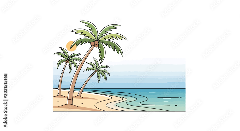 Fototapeta premium Three Slanted Palm Trees on Beach.