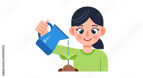 Obraz na plátně Woman watering a small green plant.