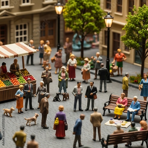 Miniature people in city square.