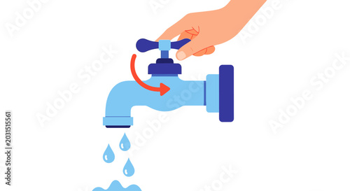 Hand turning on water faucet handle.