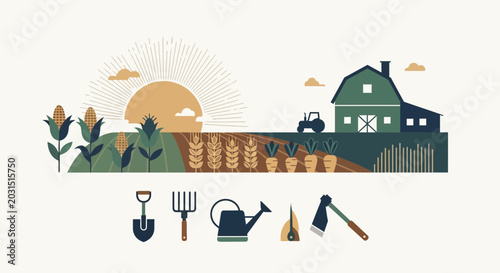 Photos Rural farm landscape with barn, tractor, crops, and gardening tools at sunrise