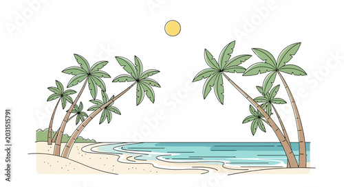 Photos Palm trees on sandy beach shore.