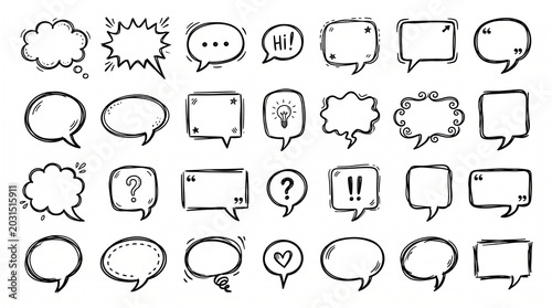 A diverse collection of hand-drawn doodle speech and thought bubbles in various shapes and styles for communication.