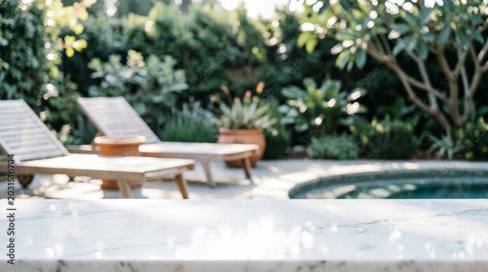 Fototapeta premium Luxury Outdoor Pool Area with Lounge Chairs and Greenery for Relaxation Concept