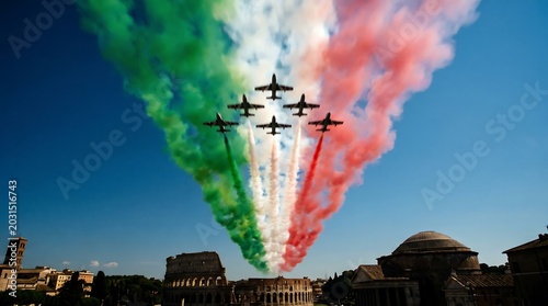 Aerobatic team jets releasing green white red smoke trails above the Colosseum in Rome Italy