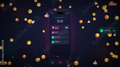 Smartphone with Live Social Media Reaction Notifications and Floating Emoji Background