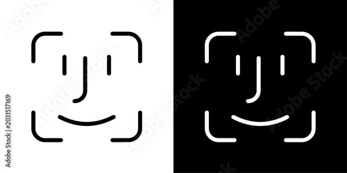 Face recognition icon in outline style featuring facial scan frame elements representing biometric authentication, AI security, and digital identity technology.