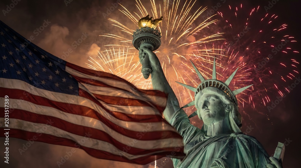 Obraz premium Statue of Liberty and waving American flag with golden fireworks exploding in dark night sky