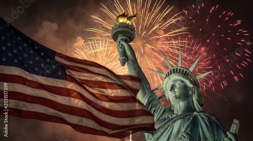 Statue of Liberty and waving American flag with golden fireworks exploding in dark night sky