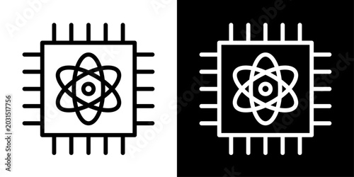 Minimal quantum AI icon in outline style featuring quantum computing, artificial intelligence, advanced processors, and futuristic technology systems.