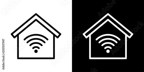 Minimal smart home icon in outline style featuring wireless connectivity, home automation, IoT technology, and intelligent living systems.