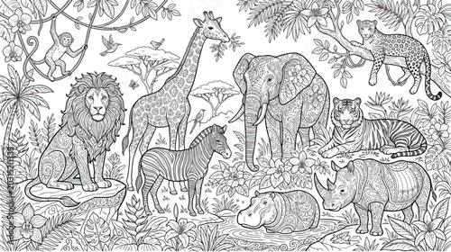 Photography Intricate African safari animals coloring page, detailed jungle wildlife line ar