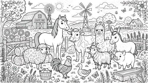 Bild auf Leinwand Farm animals coloring page for kids, cute livestock illustration with barn and w