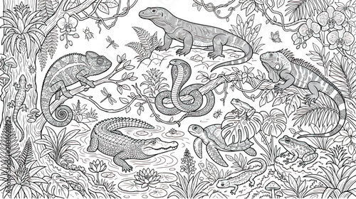Photos Detailed tropical reptiles coloring page vector, exotic jungle animals line art